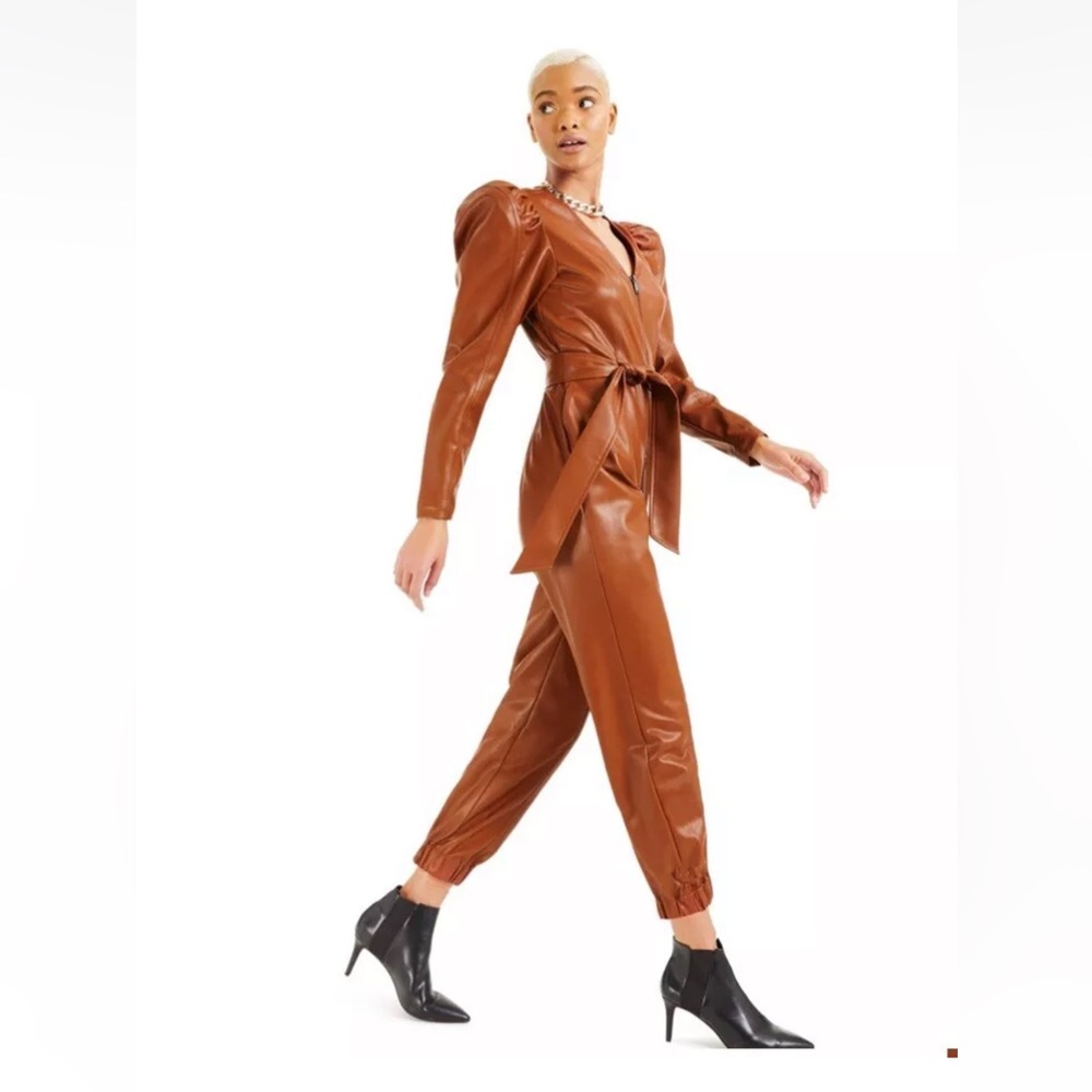 INC Culpos X Camel Puff-Sleeve Faux-Leather Jumpsuit Size Small‎
